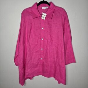 Christopher Calvin Womens Large Hot Pink Linen Button Front Blouse Lagenlook NEW
